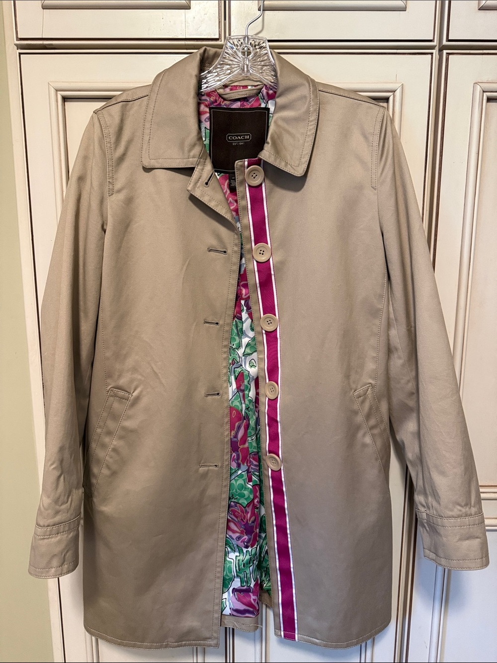 Coach Beige Trench Coat with Pink Floral Trim